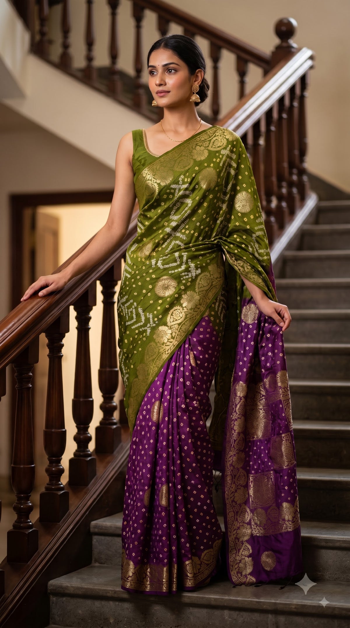Art Silk with Bandhani - Green & Magenta