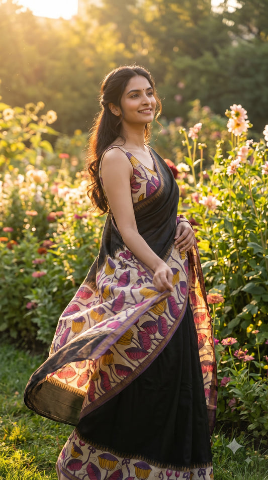 Plain Silk Saree with Kalamkari Gap Border - Black with Purple