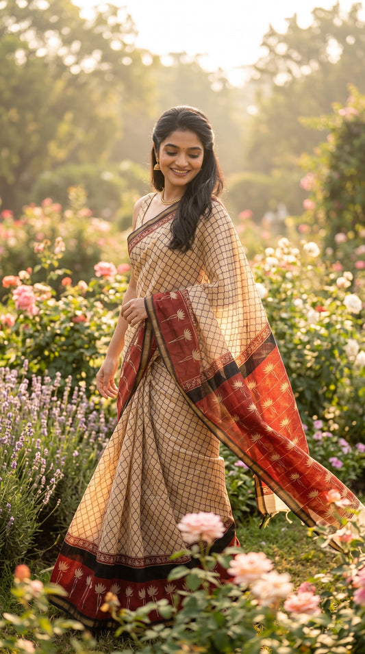 Chanderi Silk Saree with Red Lotus Motifs - Beige & Black