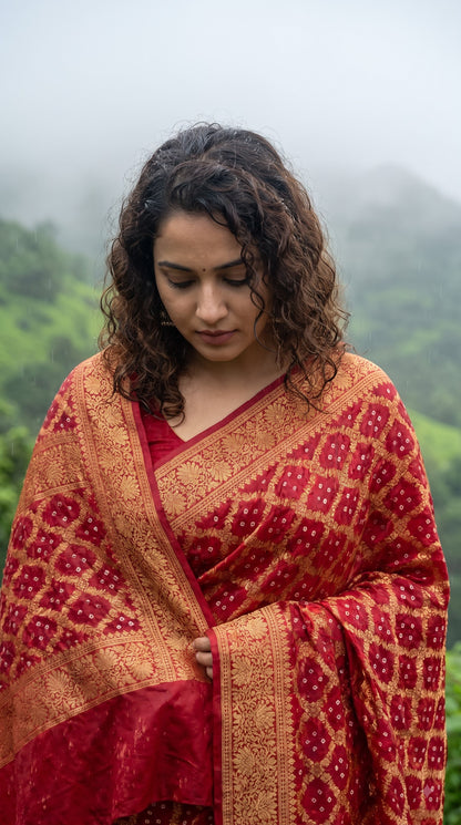 Dhupiyan Silk with Bandhani & Jaal Zari - Red