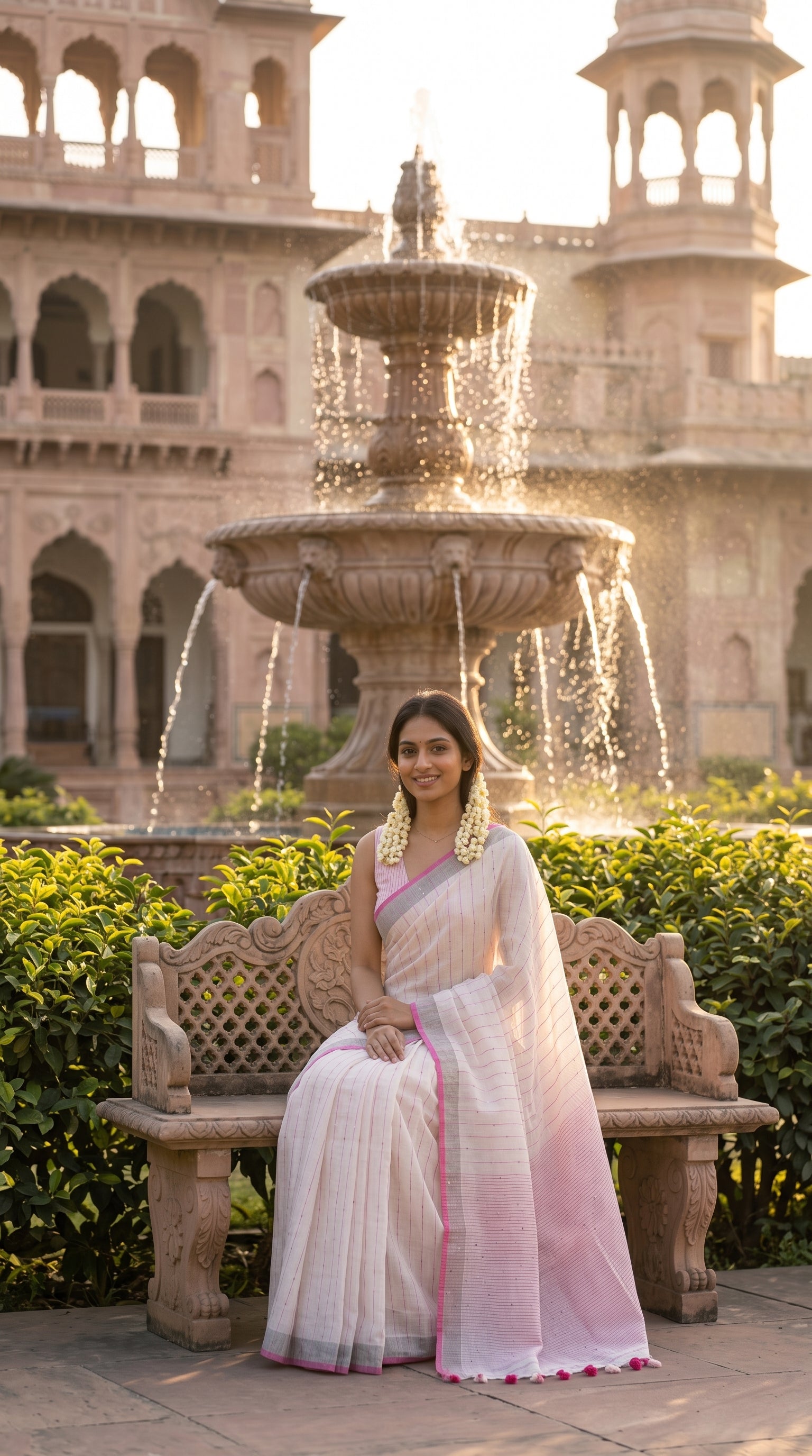 Woman in a white saree sitting on a stone bench in front of a fountain with a historical building in the background.