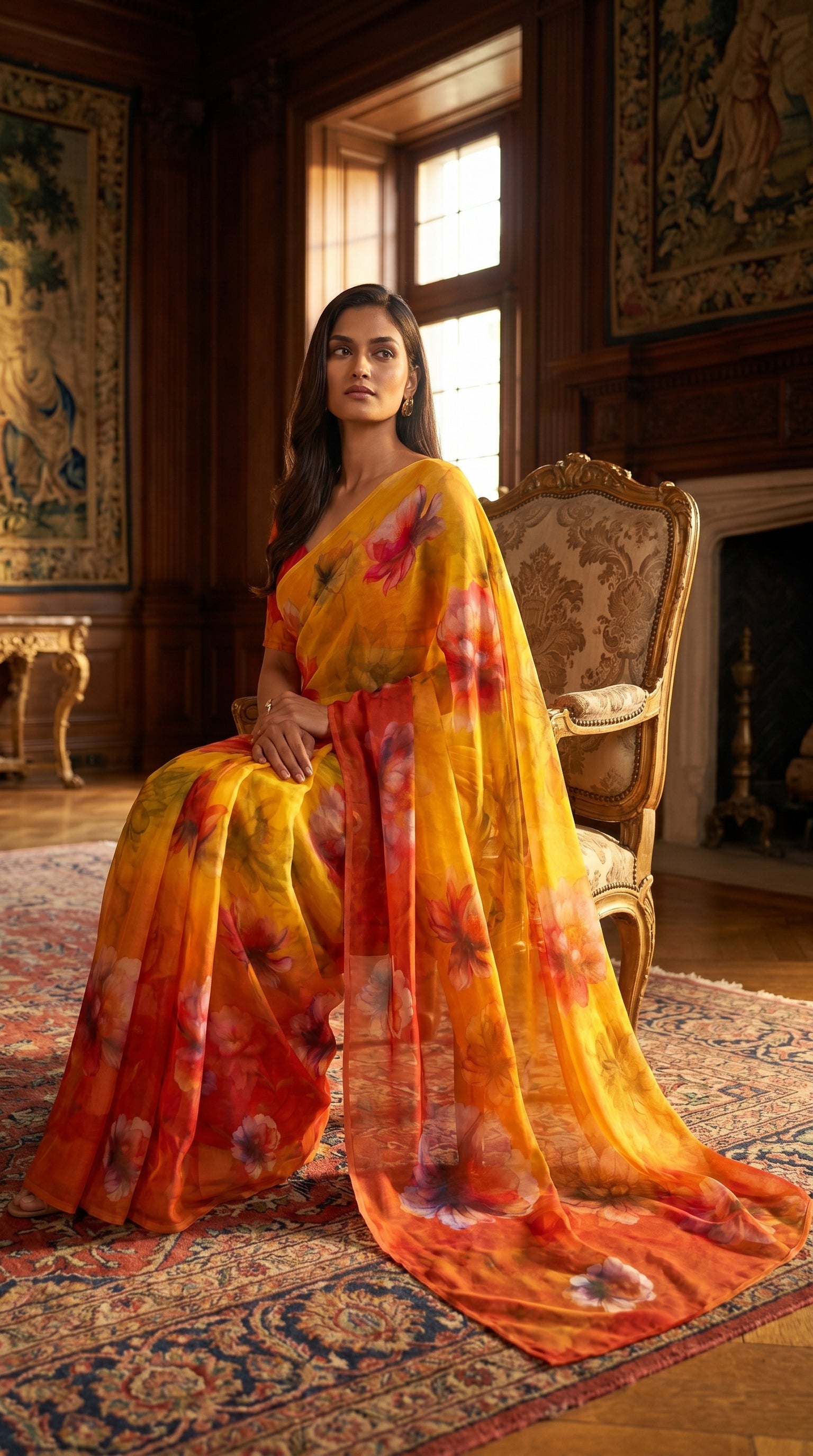 Model draped in an elegant yellow and red floral chiffon saree seated on an antique armchair in a grand heritage room
