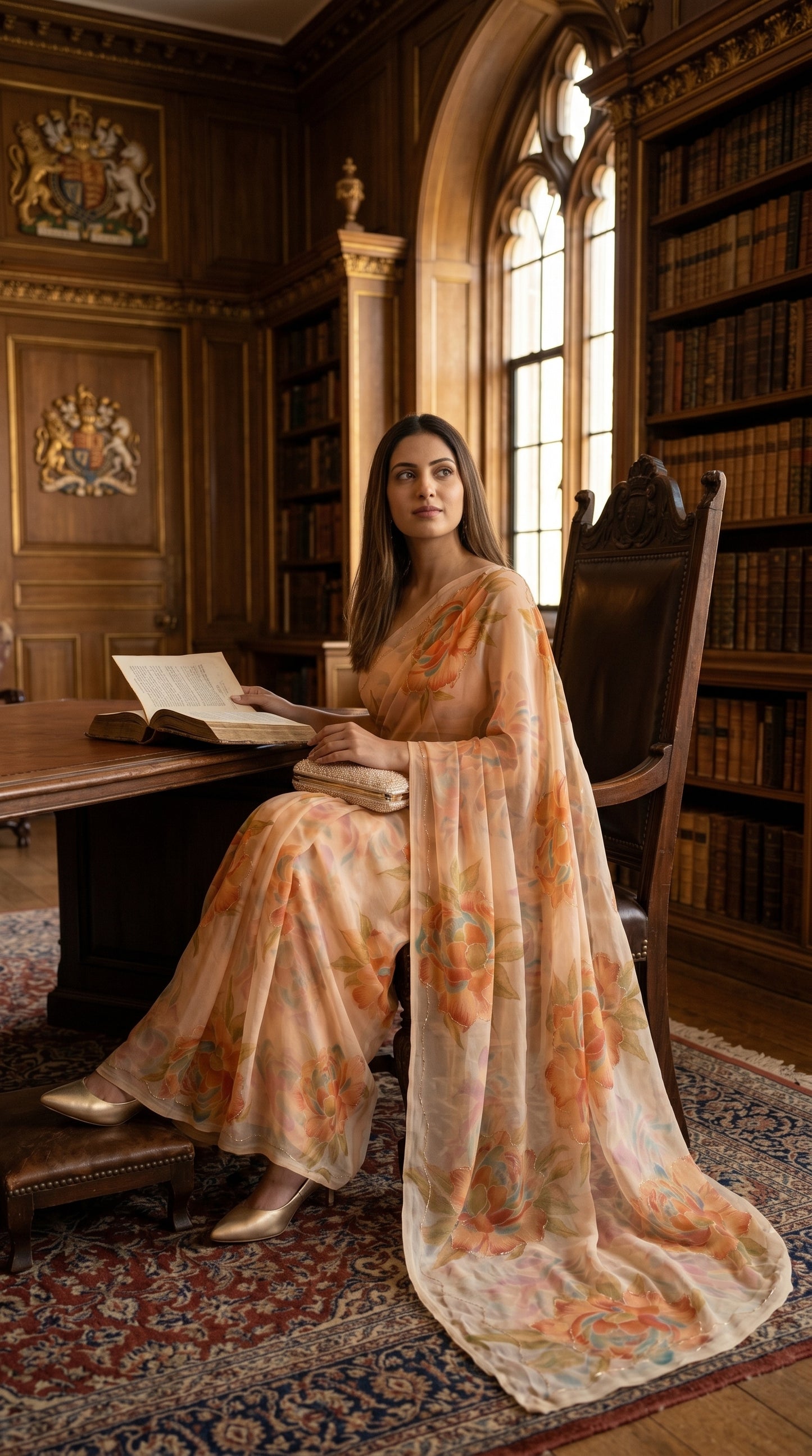 A woman draped in a soft peach floral printed chiffon saree with a detailed cut work border sitting gracefully at a desk in a vintage library room