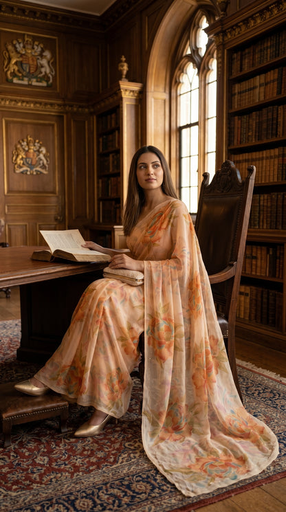 A woman draped in a soft peach floral printed chiffon saree with a detailed cut work border sitting gracefully at a desk in a vintage library room