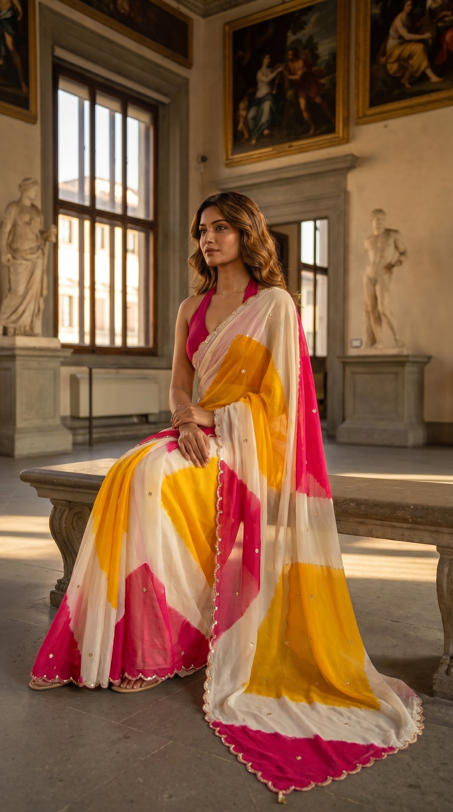 Model wearing an elegant ivory, marigold, and fuchsia pink chiffon saree seated on a stone bench in a naturally lit heritage room