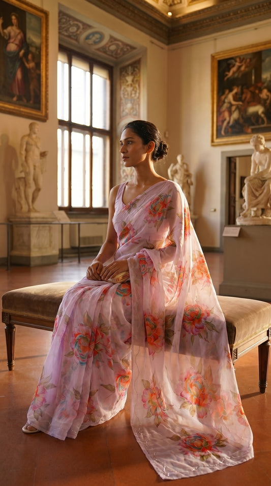 Model seated thoughtfully on a gallery bench surrounded by classical statues, showcasing the detailed flower cutout work on a light lavender chiffon saree