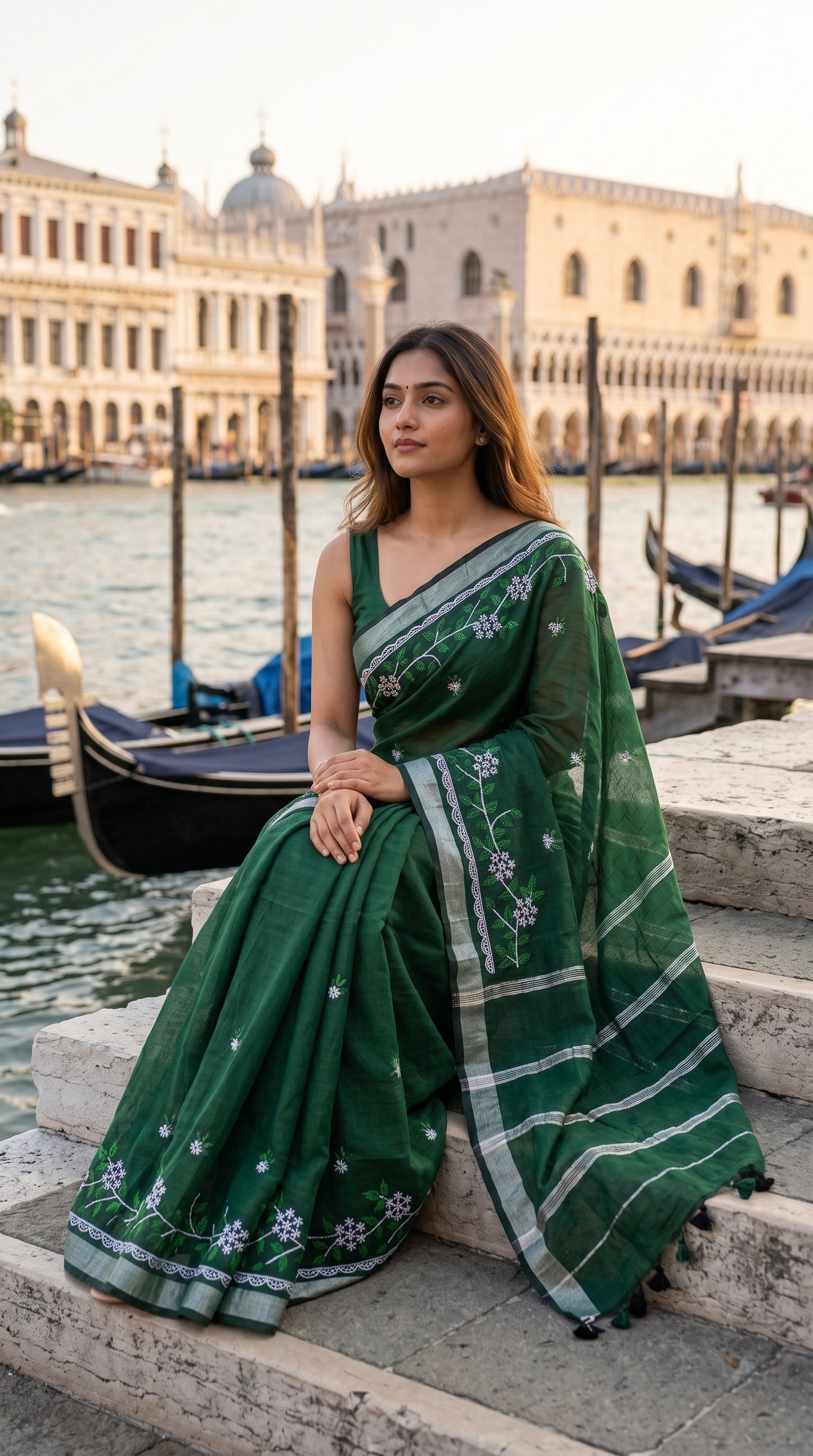 A model sitting on stone steps next to a Venice canal with gondolas and historic palaces in the background, draped in a forest green cotton linen saree with white floral vine embroidery