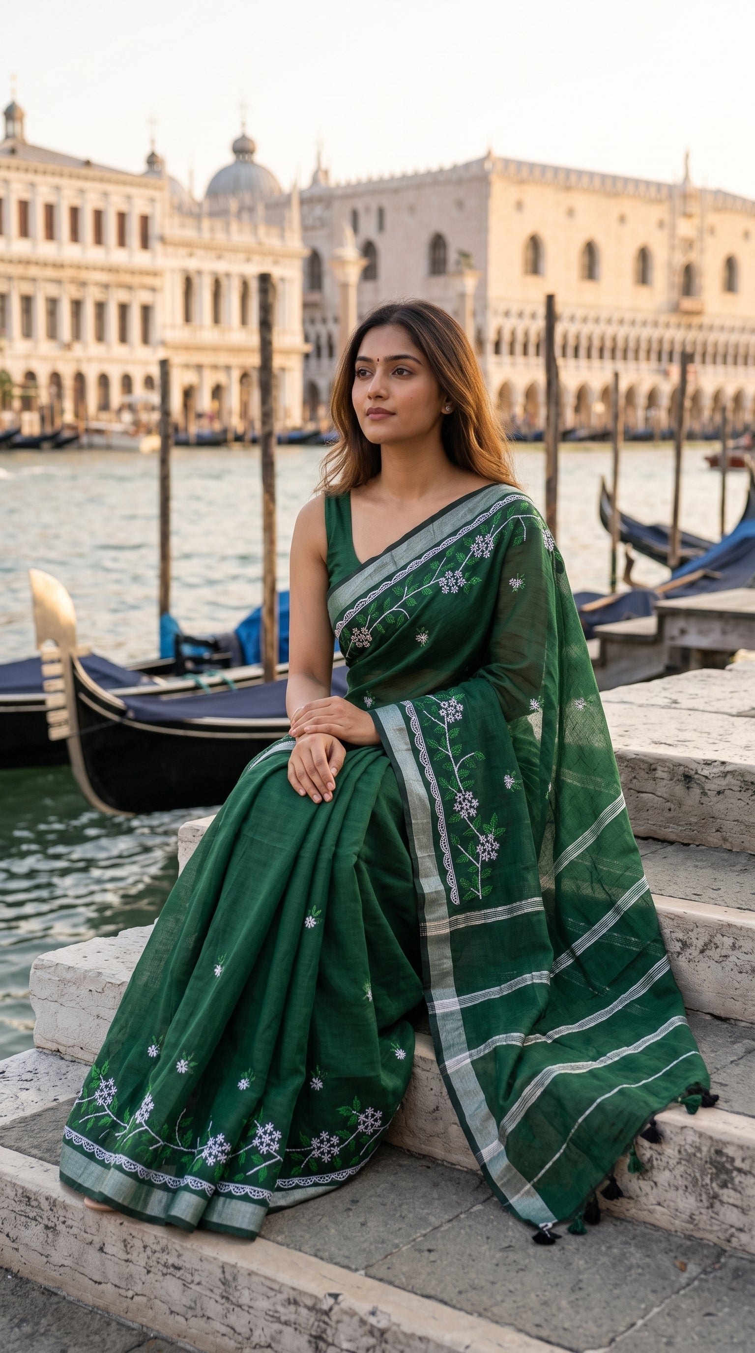 A model sitting on stone steps next to a Venice canal with gondolas and historic palaces in the background, draped in a forest green cotton linen saree with white floral vine embroidery