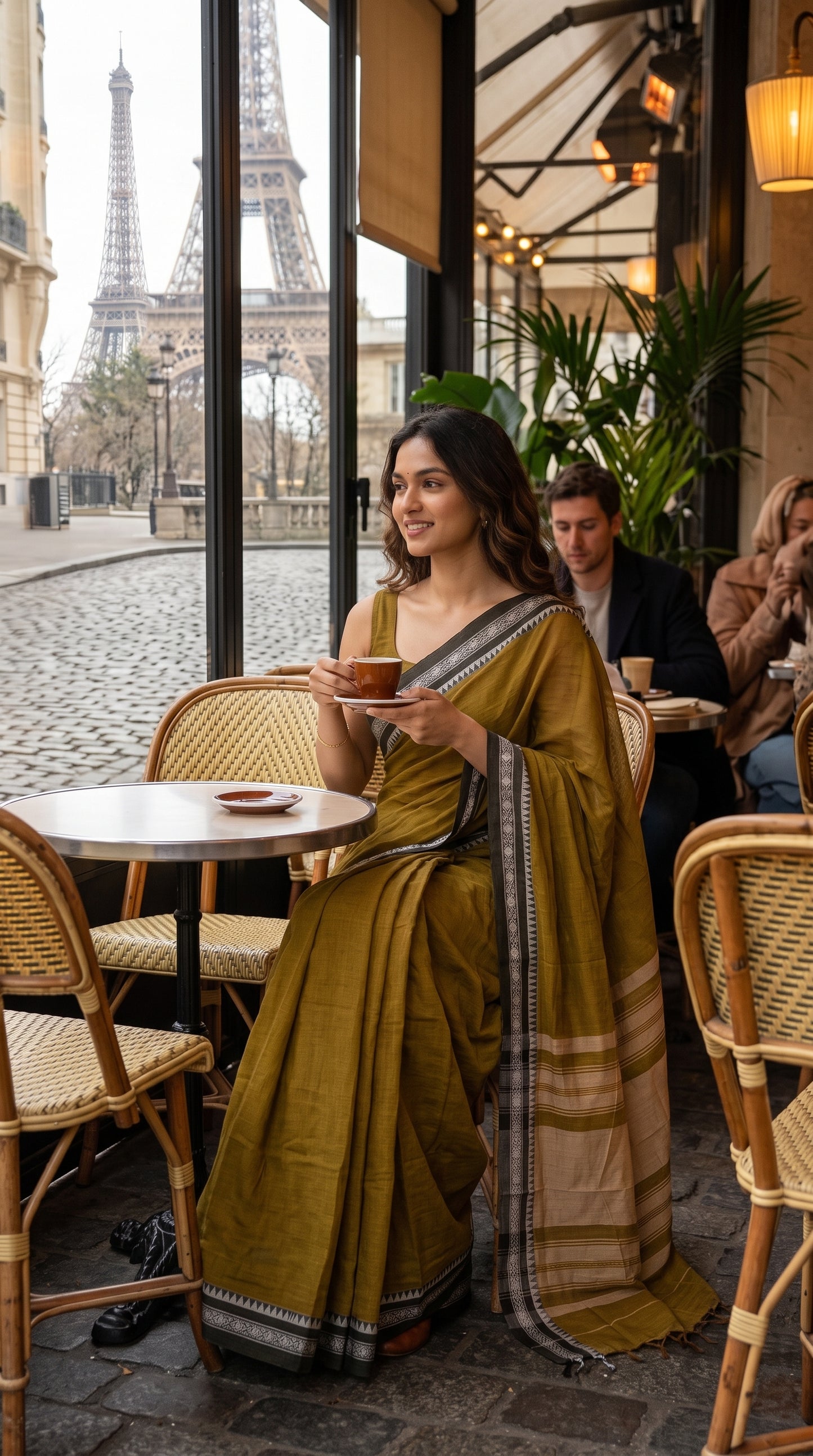 A front-facing view of a woman sitting at an outdoor cafe table with the Eiffel Tower in the background, displaying the neat fall and black border of a khakee cotton saree