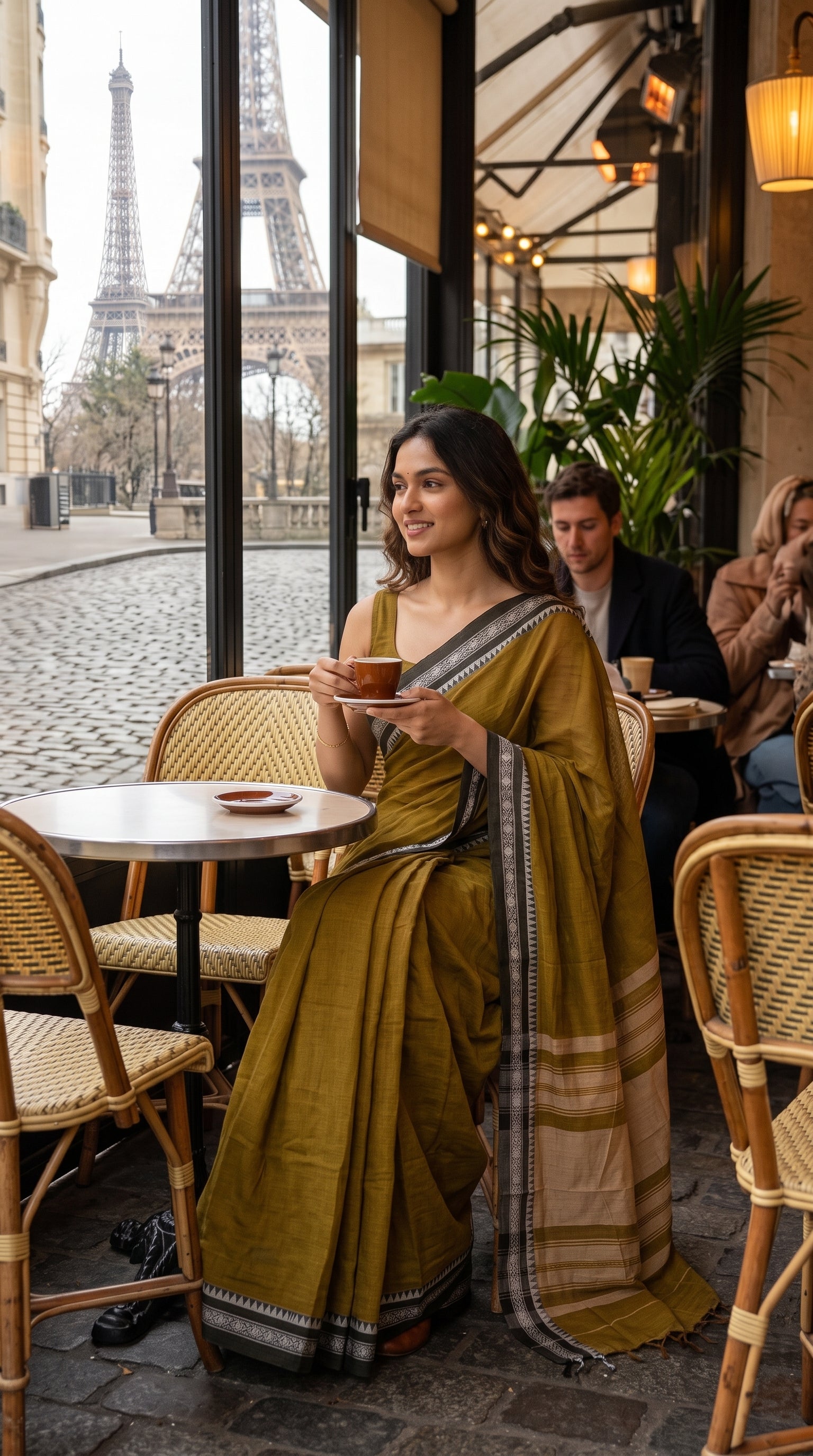 A front-facing view of a woman sitting at an outdoor cafe table with the Eiffel Tower in the background, displaying the neat fall and black border of a khakee cotton saree