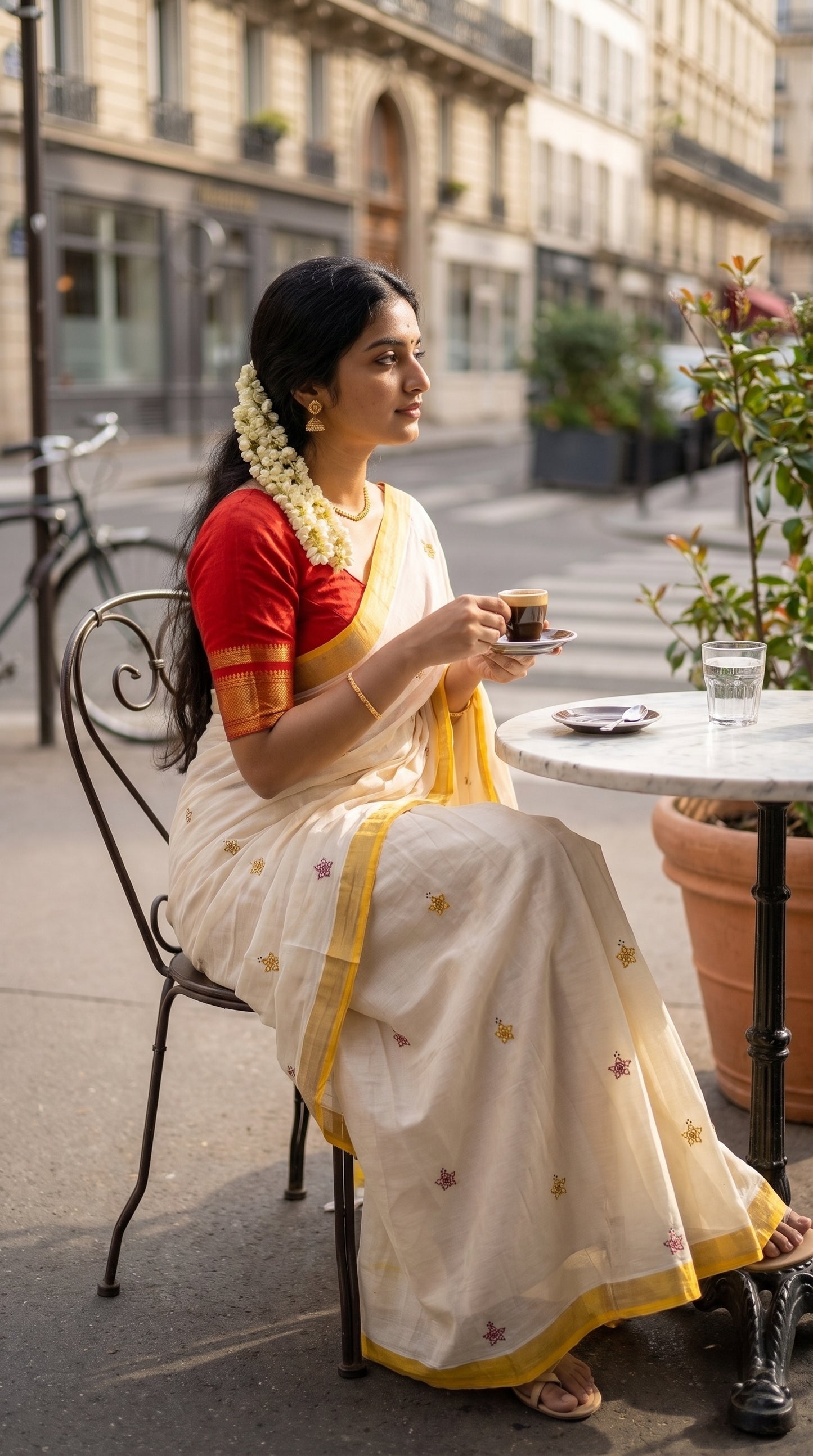 Model seated at an outdoor Parisian street cafe holding an espresso cup, beautifully showcasing her gajra-adorned hair and the white cotton saree with yellow trim