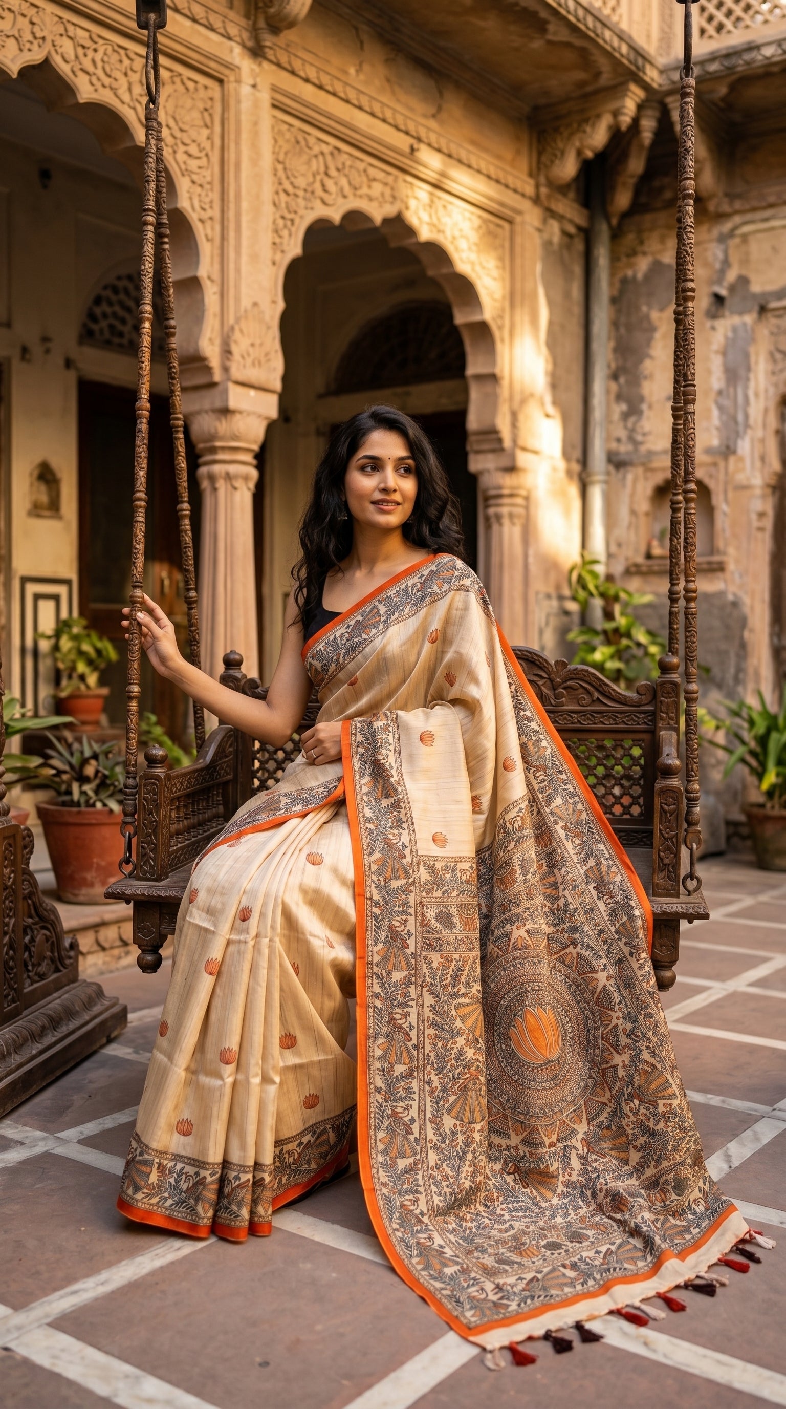 Model seated comfortably on an ornate wooden courtyard swing, showcasing the heavy orange lotus and geometric print layouts of a blended Tussar silk saree