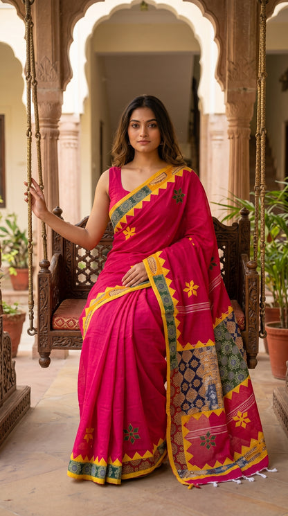 A model seated on a traditional carved wooden swing in a palace courtyard, beautifully highlighting the multi-colored geometric applique patchwork pallu of a magenta saree