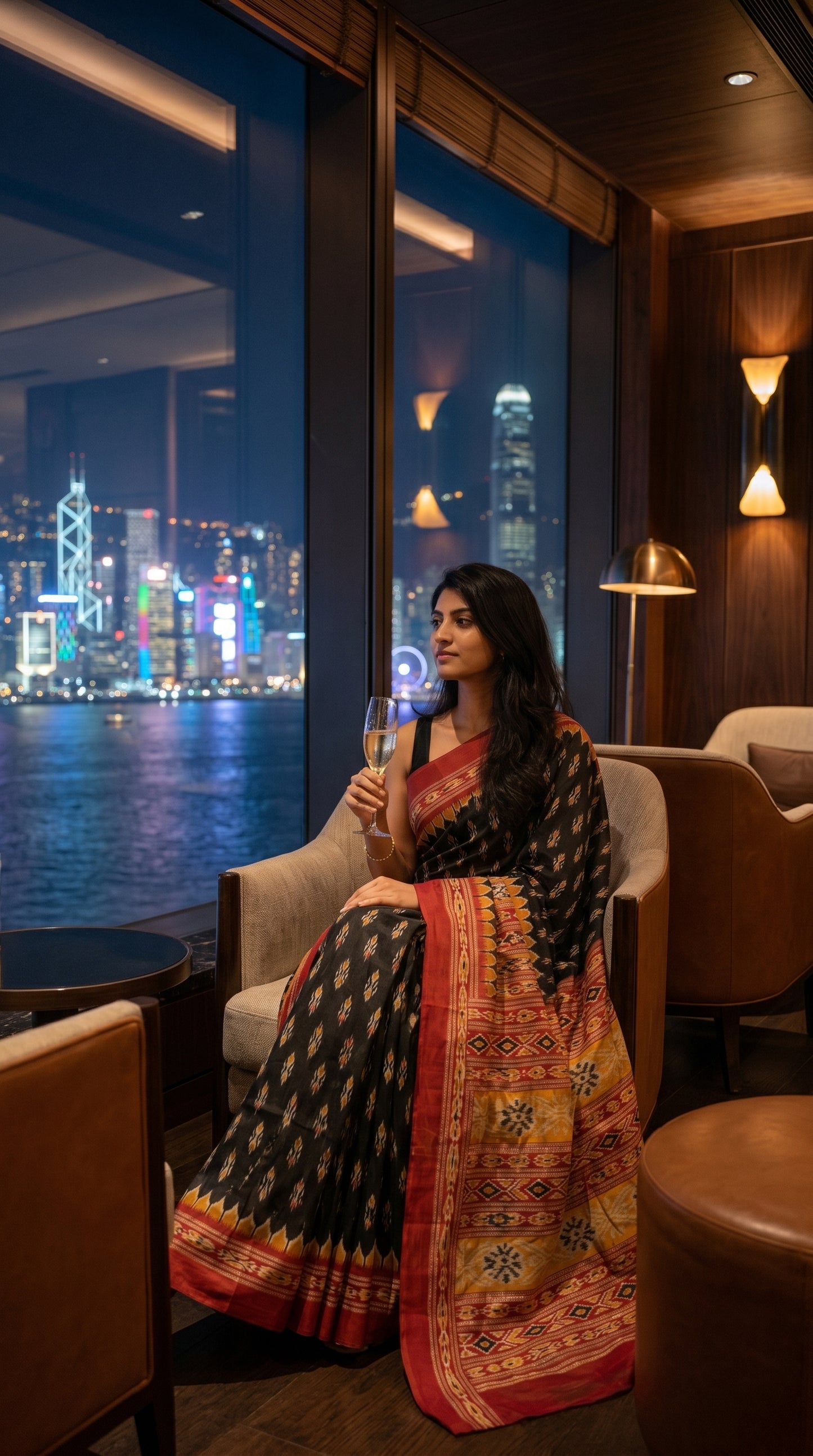 Model seated comfortably in an armchair by a floor-to-ceiling window overlooking a night skyline, displaying the detailed brick red geometric pallu and edge tassels of her black silk-blend saree