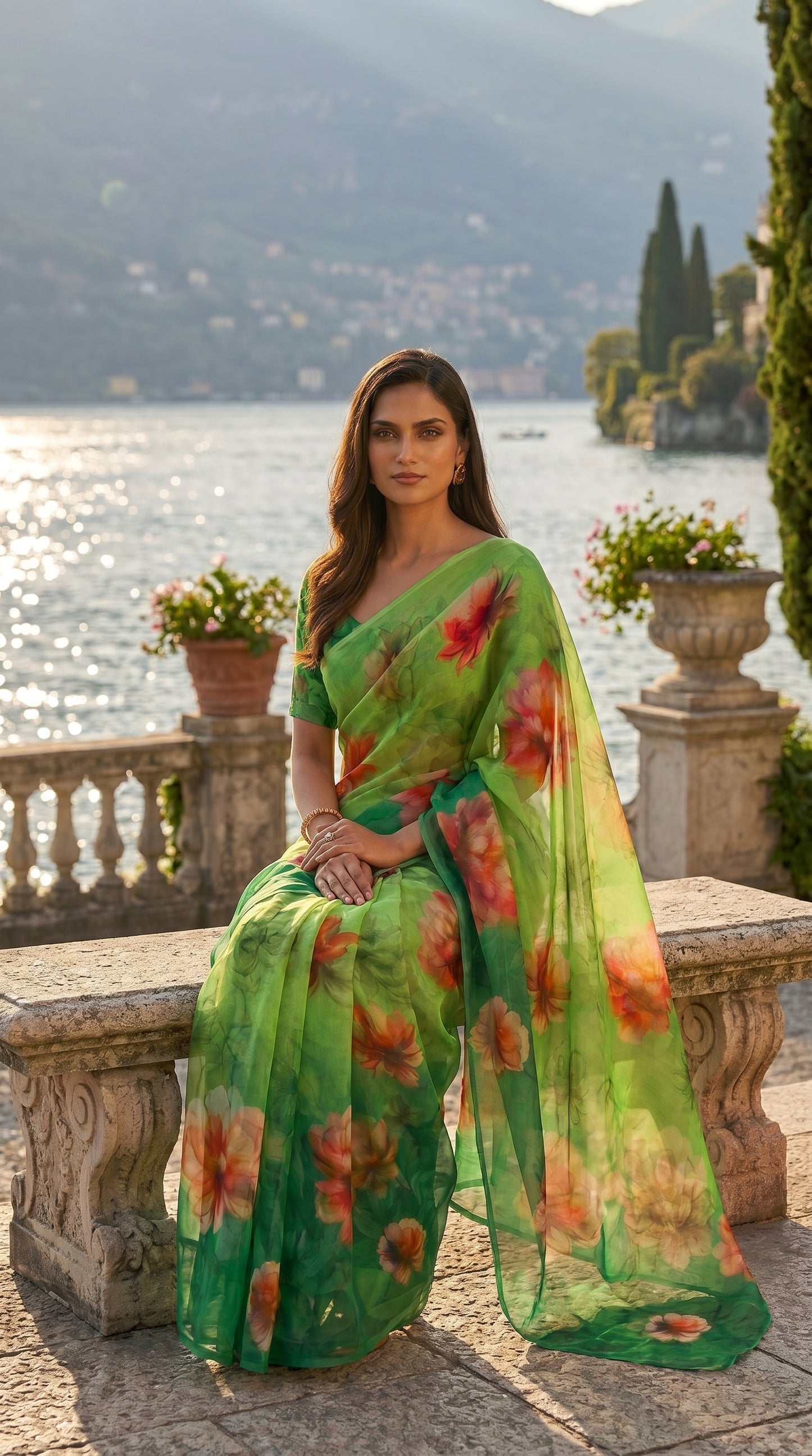Model leaning against a terrace balustrade overlooking the water, showcasing the vibrant orange and red peony motifs on her emerald green chiffon pallu