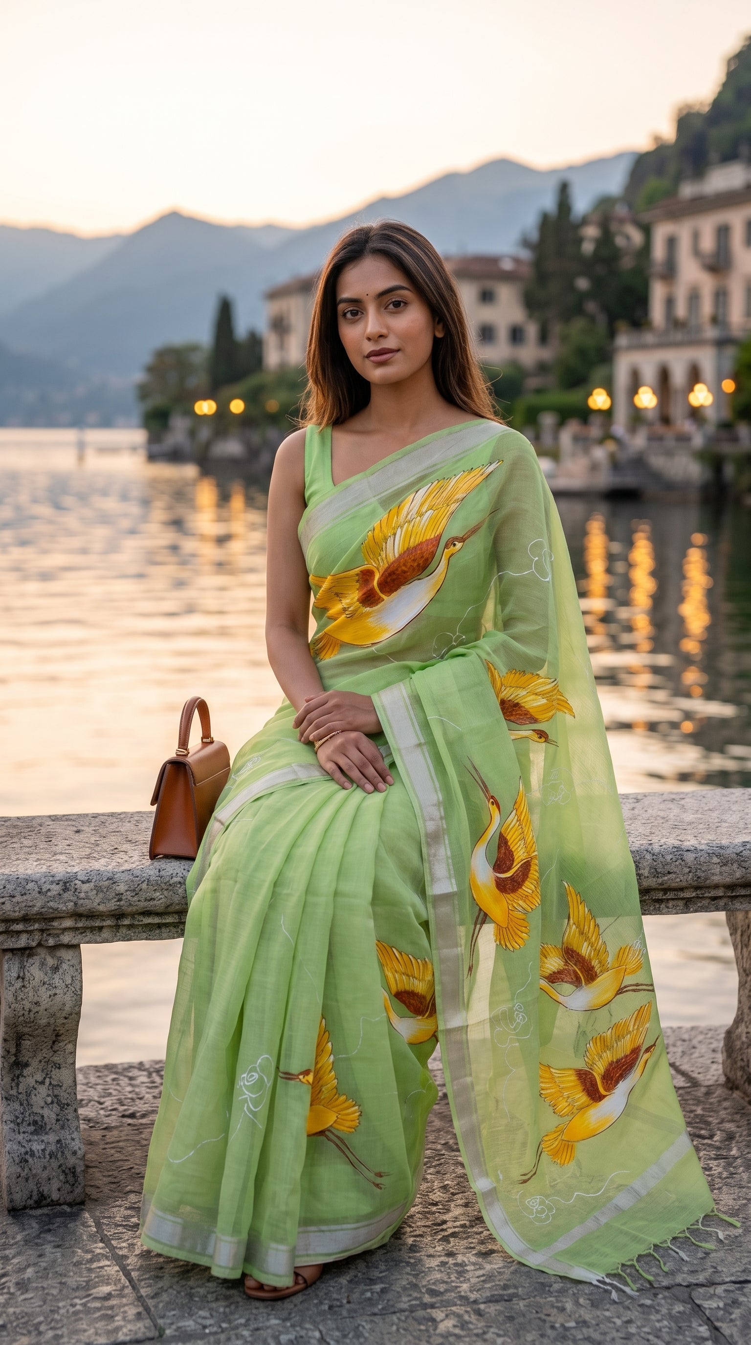 Model seated on a stone bench overlooking a scenic lake at sunset, showcasing the delicate silver zari border and golden bird artwork on her pista green saree