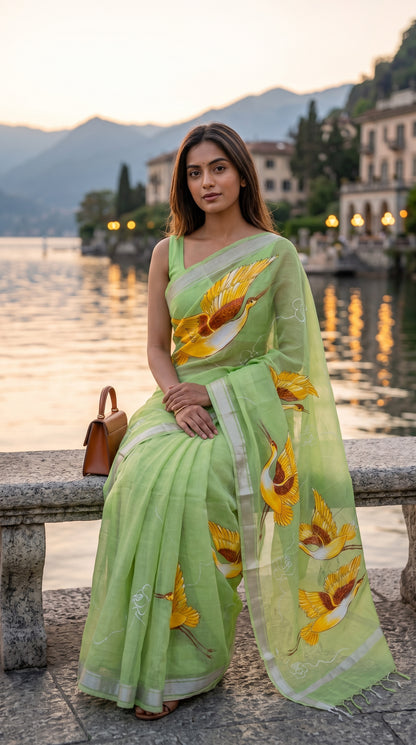 Model seated on a stone bench overlooking a scenic lake at sunset, showcasing the delicate silver zari border and golden bird artwork on her pista green saree