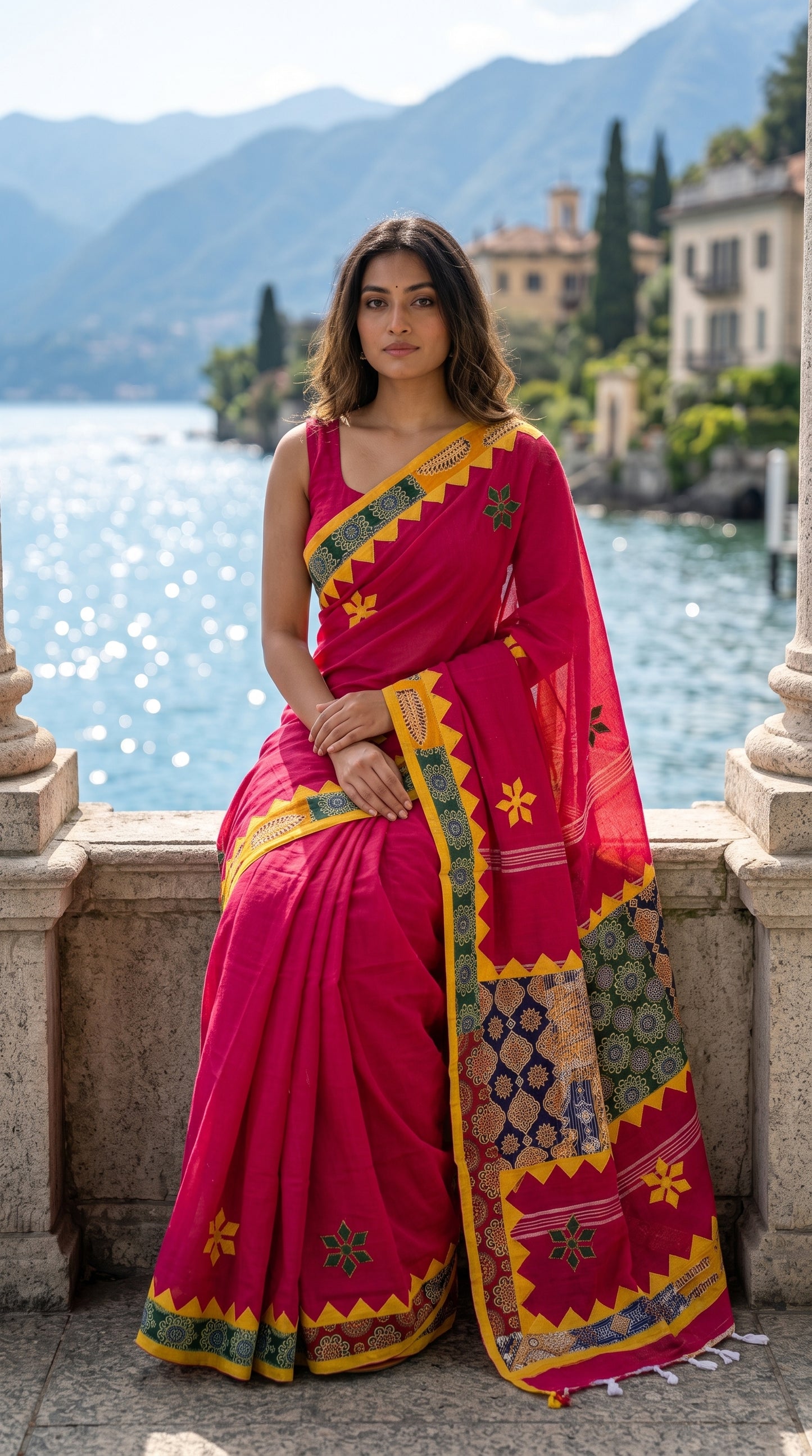 Model seated on a stone balcony ledge overlooking a scenic lake and mountains, displaying the detailed mustard yellow trim and multi-patterned pallu of a magenta cotton linen saree