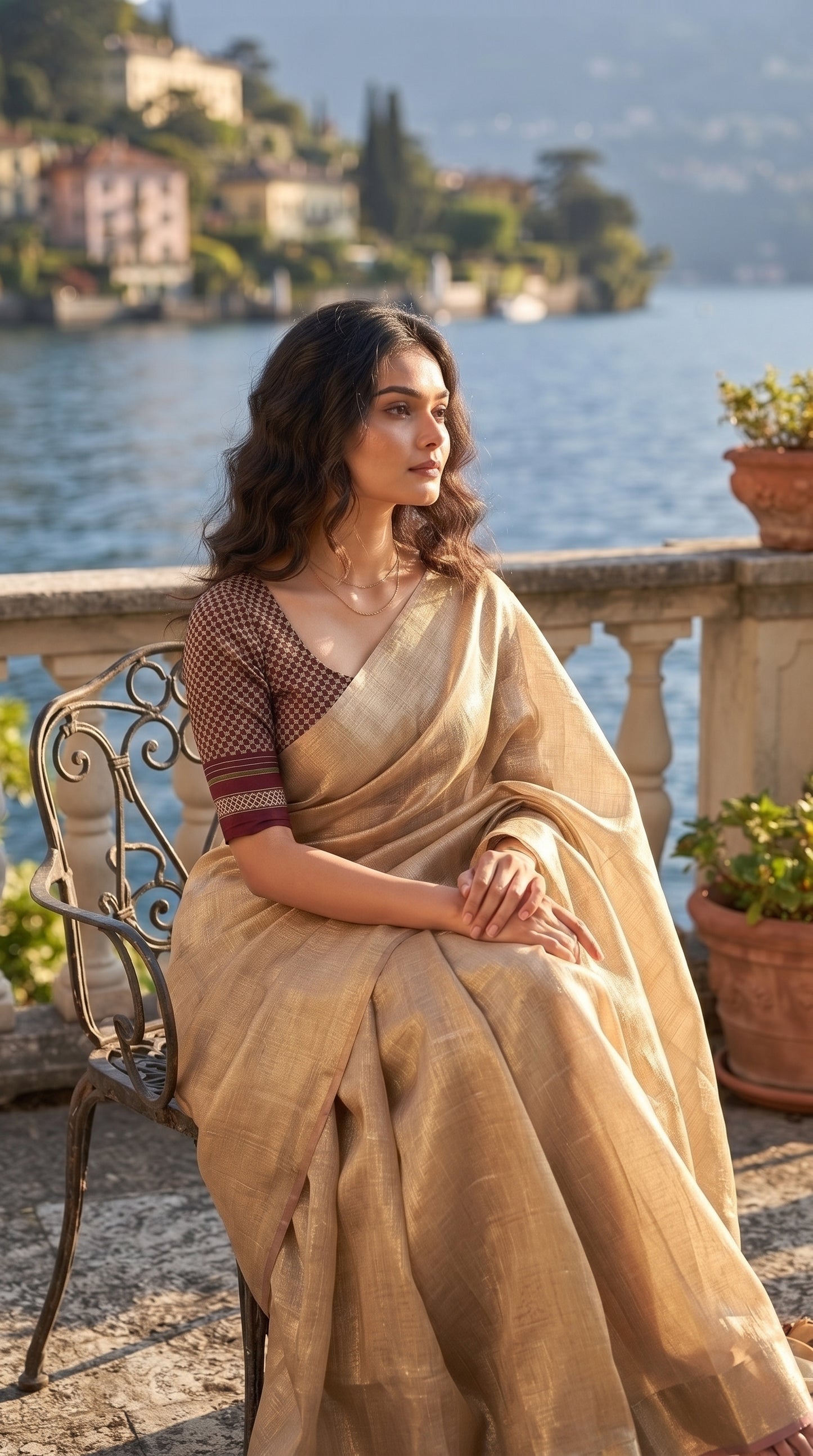 A full-length view of a woman sitting on a wrought-iron terrace chair with Lake Como and its villas blurred in the background, beautifully displaying the fluid matte-gloss drape of her golden tissue cotton saree