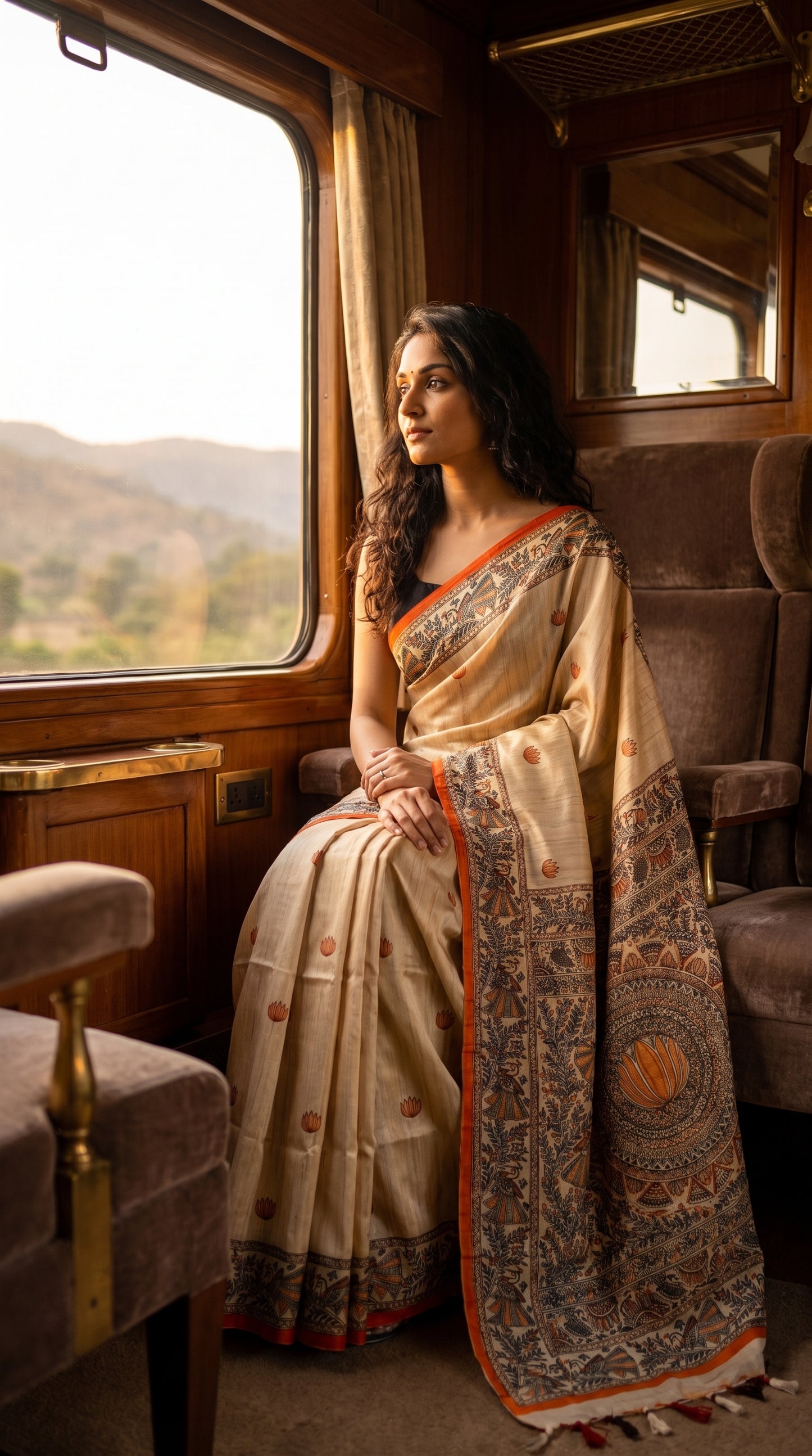 A woman sitting inside a luxury wooden train compartment looking out the window, draped in a beige Tussar silk saree with orange Madhubani borders