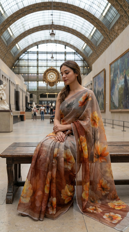 Model seated thoughtfully on a wooden bench inside a grand museum hall, displaying the warm golden and brown folds of a printed chiffon saree