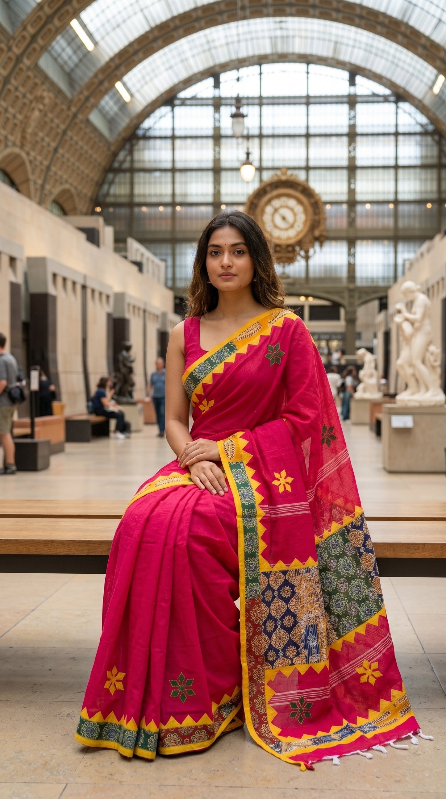 A woman sitting on a wooden bench inside a grand museum hall beneath a historic clock, showcasing the neat pleats and star embroidery details of a magenta applique saree