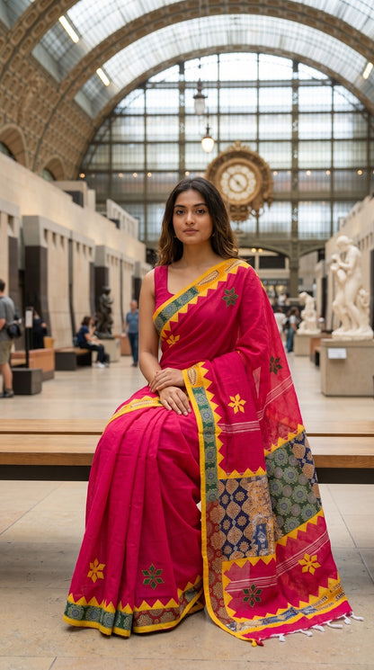 A woman sitting on a wooden bench inside a grand museum hall beneath a historic clock, showcasing the neat pleats and star embroidery details of a magenta applique saree