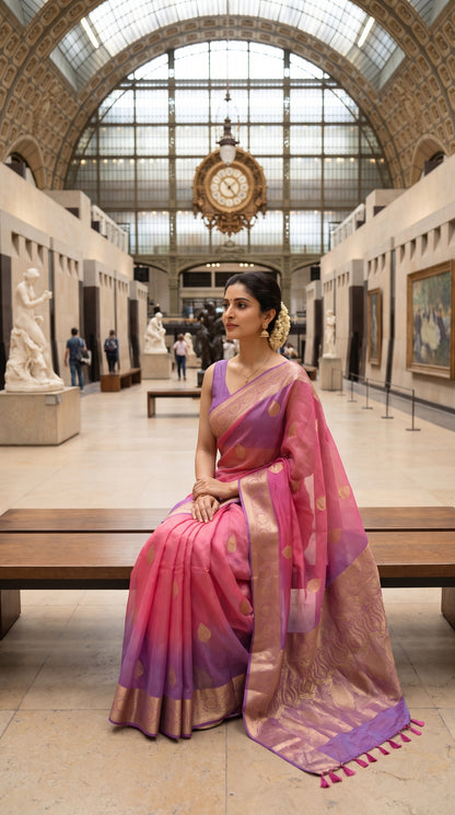 A portrait of a woman sitting on a wooden bench inside the grand hall of the Musée d'Orsay under a vaulted glass roof, beautifully showcasing the translucent drape, pink body, and purple gold zari border of her Kora silk saree