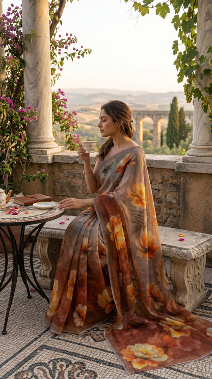 A woman sitting on a terrace stone bench enjoying a cup of tea, wearing a sheer cocoa brown chiffon saree with large amber floral prints