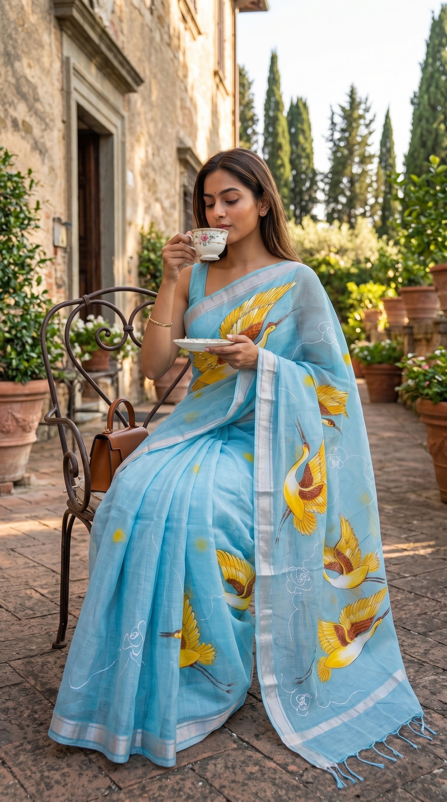 A woman sitting on a terrace chair at a Roman villa patio drinking tea, draped in a sheer sky blue Kota Doria cotton saree featuring golden hand-painted crane motifs