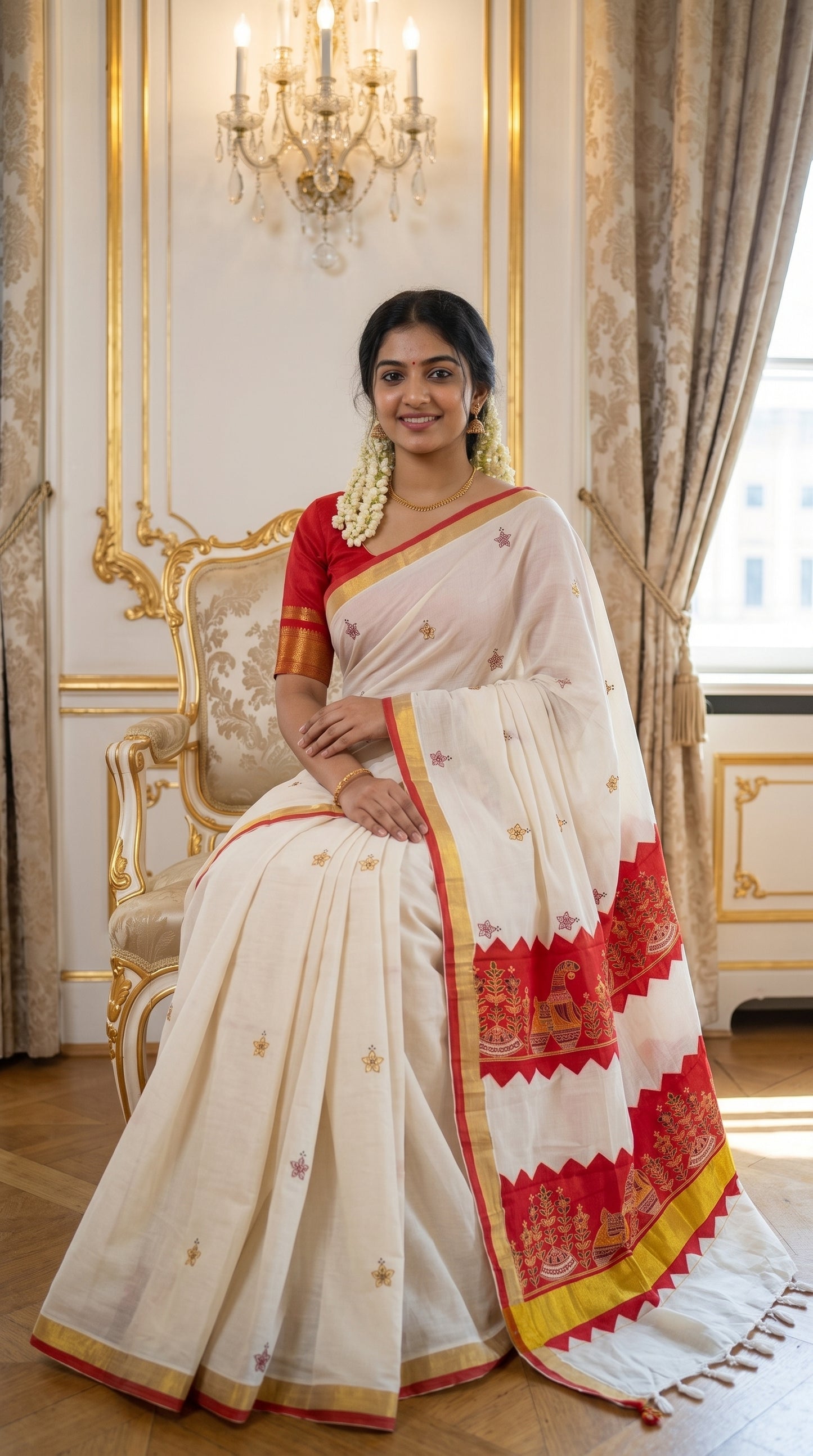 Model seated elegantly on an antique armchair in a luxurious room, displaying the neat front folds and golden kasavu trim of a cream-white Kerala cotton saree