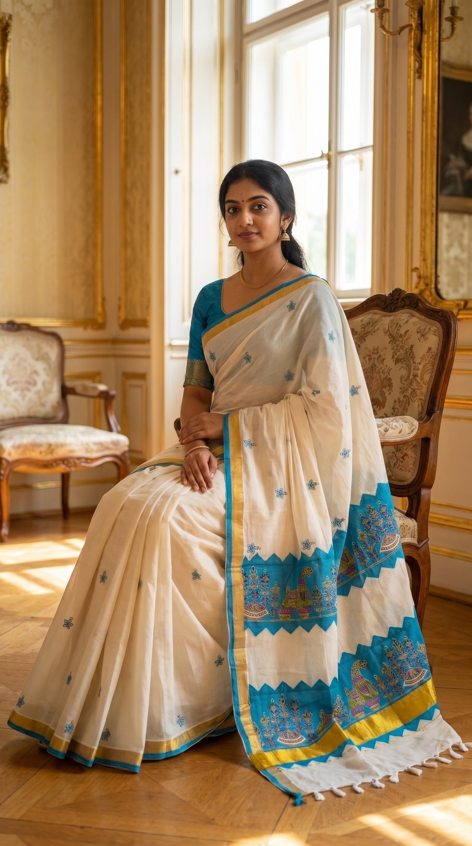 A model seated on a stone ledge within a historic carved pavilion, displaying the crisp borders and blue elephant applique panels of her Kerala cotton saree