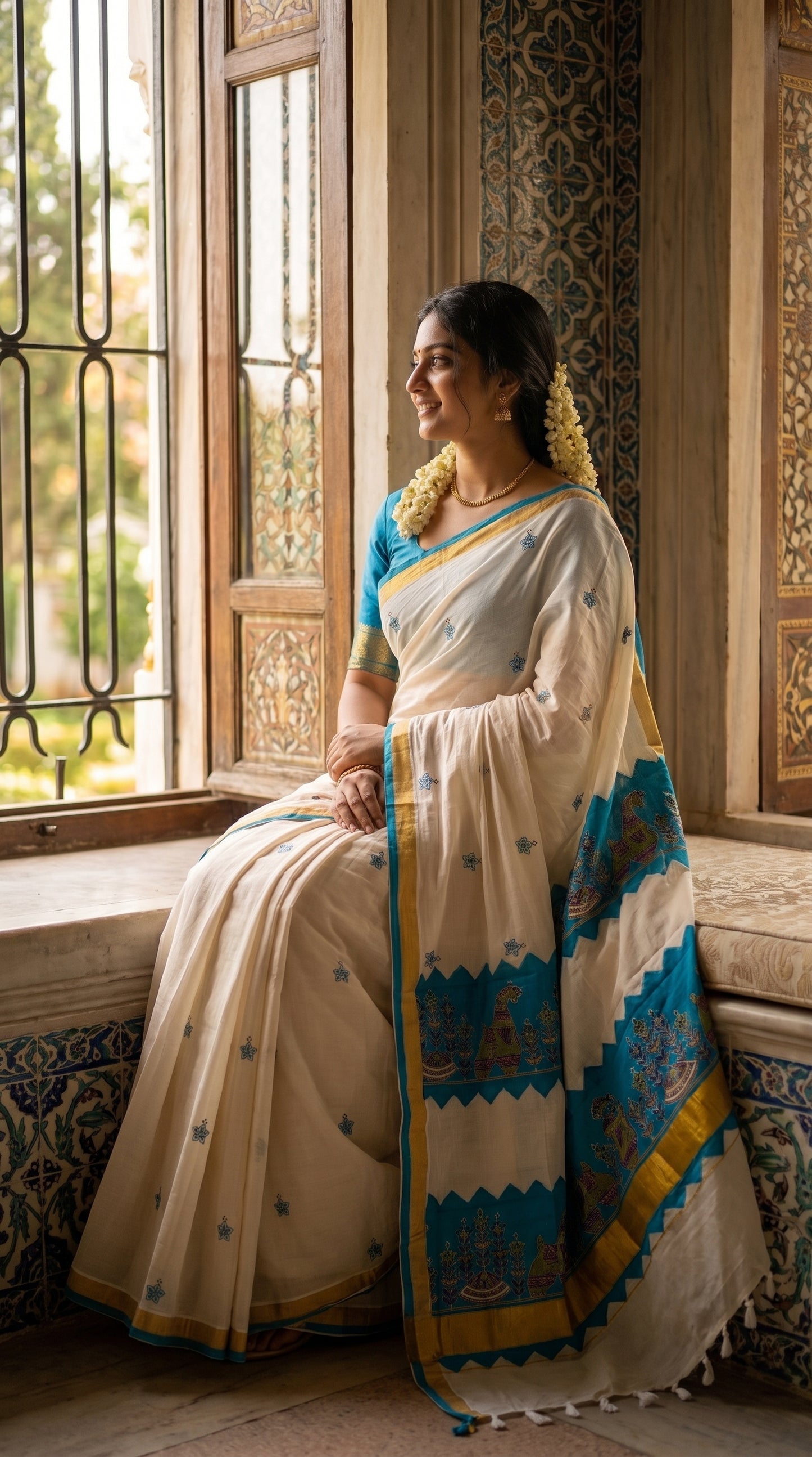 Model sitting gracefully on a window sill with traditional patterned tiles, showing the intricate blue applique work and fringe tassels of a white Kerala saree