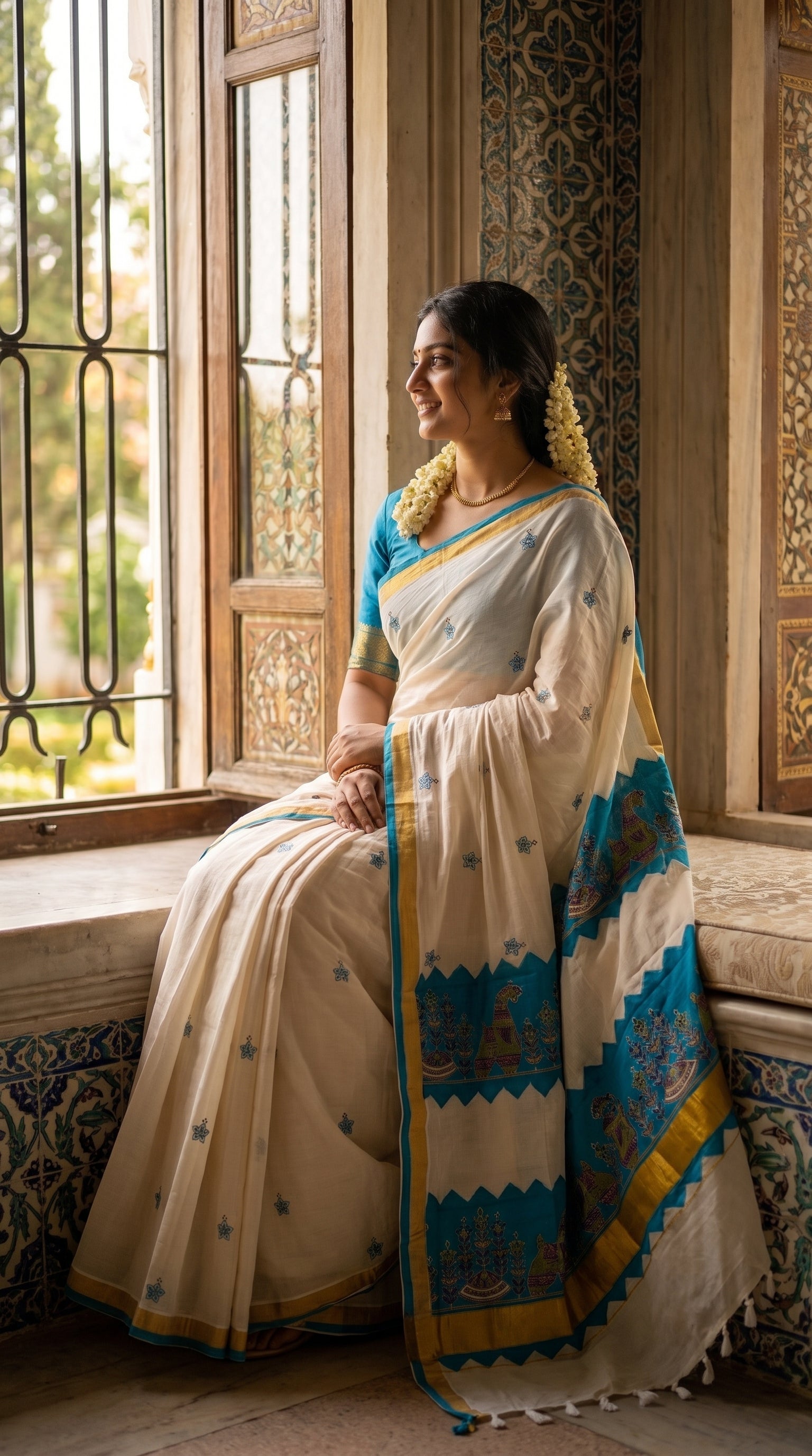 Model sitting gracefully on a window sill with traditional patterned tiles, showing the intricate blue applique work and fringe tassels of a white Kerala saree