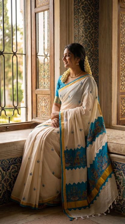 Model sitting gracefully on a window sill with traditional patterned tiles, showing the intricate blue applique work and fringe tassels of a white Kerala saree