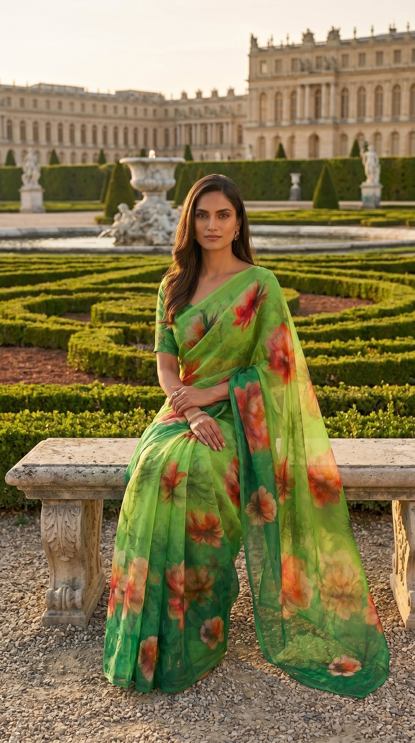 Model seated gracefully on a stone bench in a formal palace garden, displaying the rich coral and green folds of a printed chiffon saree