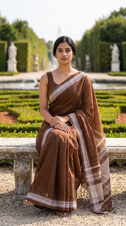 A front-facing view of a woman sitting on a stone bench in a formal palace garden, displaying the neat fall and white border of a brown cotton saree