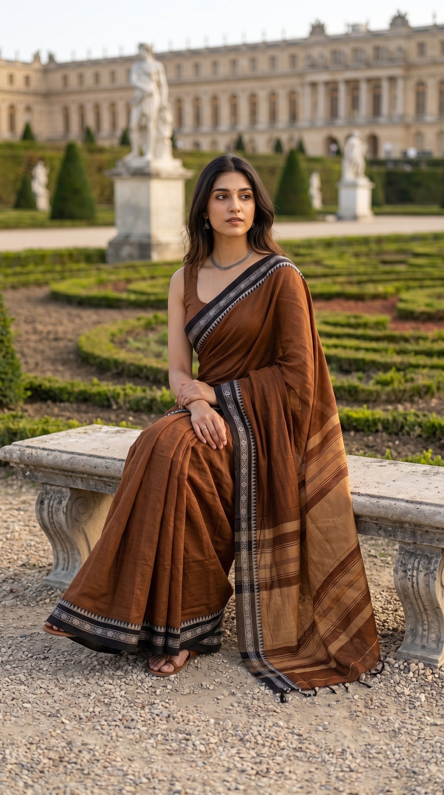 Model sitting on a stone garden bench, displaying the crisp temple borders and natural, soft folds of a premium earth brown mul cotton saree