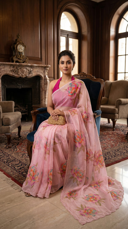 Model seated elegantly on a luxury armchair in a heritage lobby, displaying the vibrant magenta and coral peony motifs on an ivory-pink chiffon saree with custom cut work borders