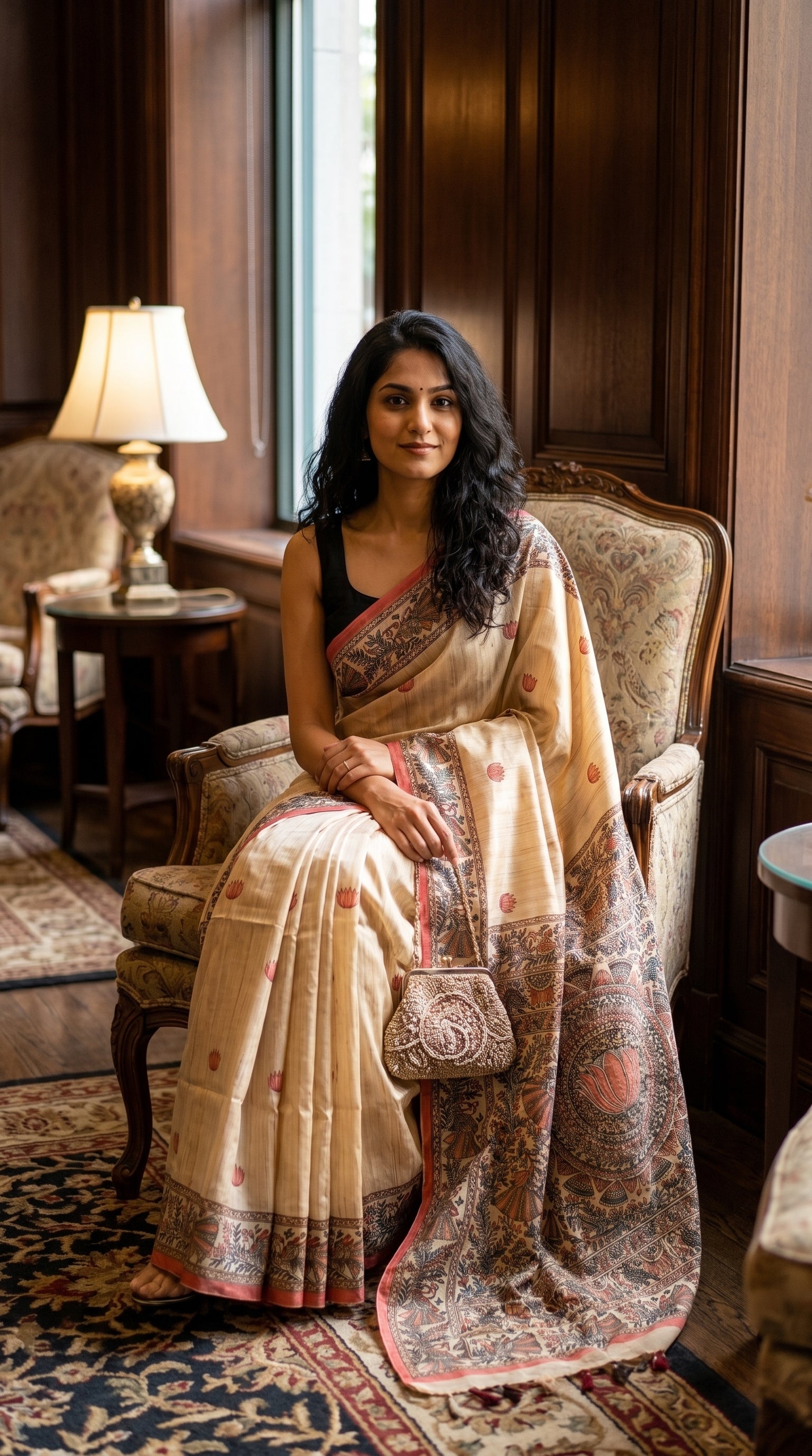 Model seated comfortably on a vintage armchair in a hotel lobby, displaying the rich Tussar fabric texture and light-red Madhubani printed border of her saree