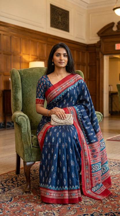 A woman seated on a green wingback chair inside an elegant lobby, gracefully showcasing the front drape and matching blouse details of a blue and red Ikat print saree