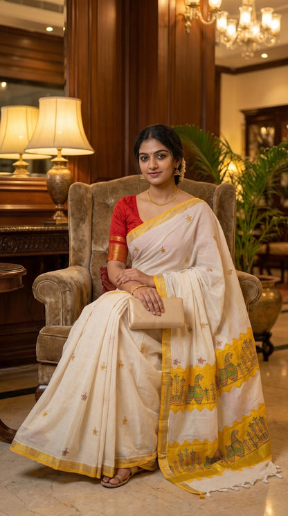 Model seated gracefully in a plush armchair inside a vintage hotel lobby, holding a golden clutch that complements her gold kasavu border and yellow artwork
