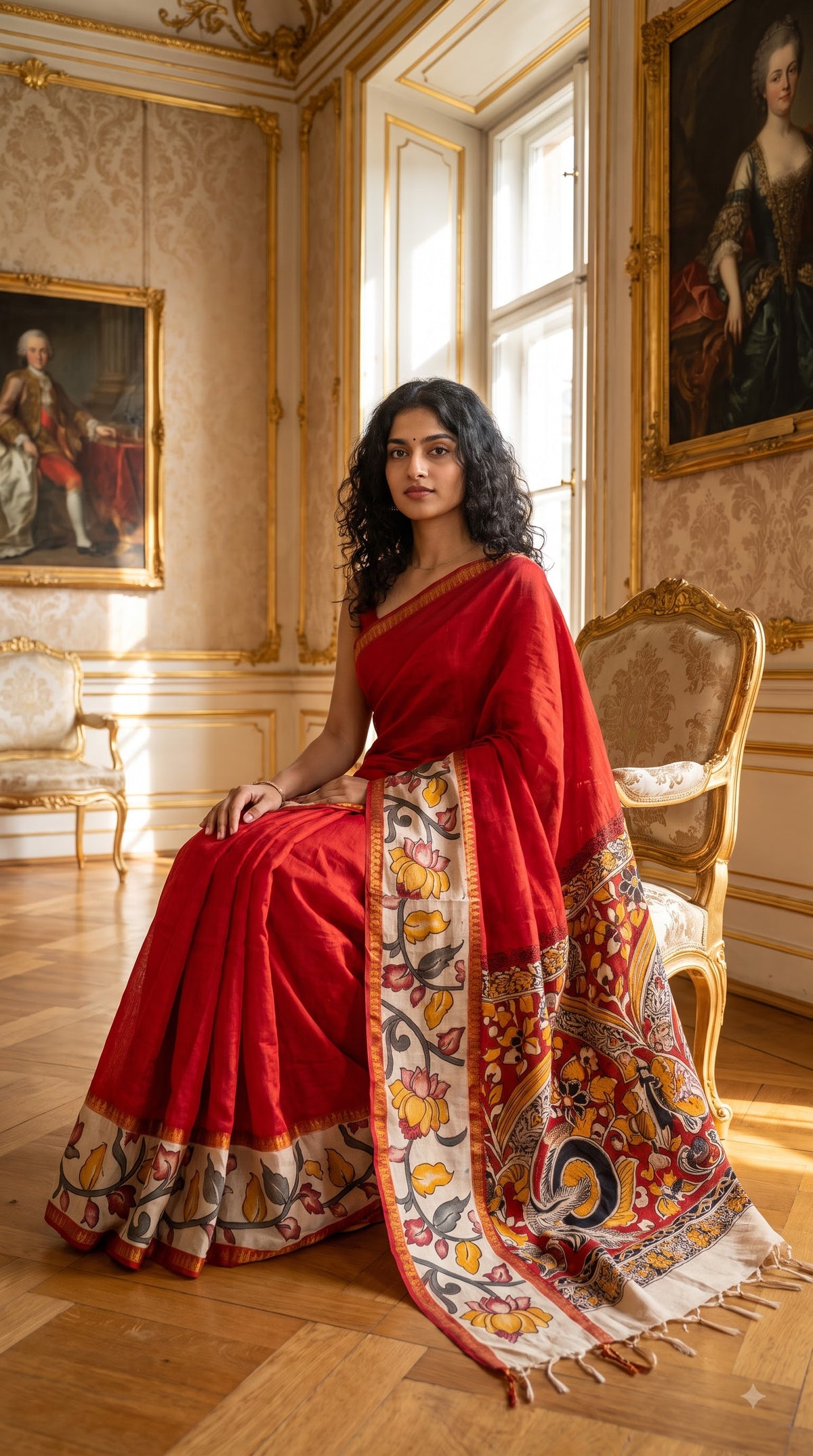 Plain Silk Saree with Kalamkari Gap Border - Red