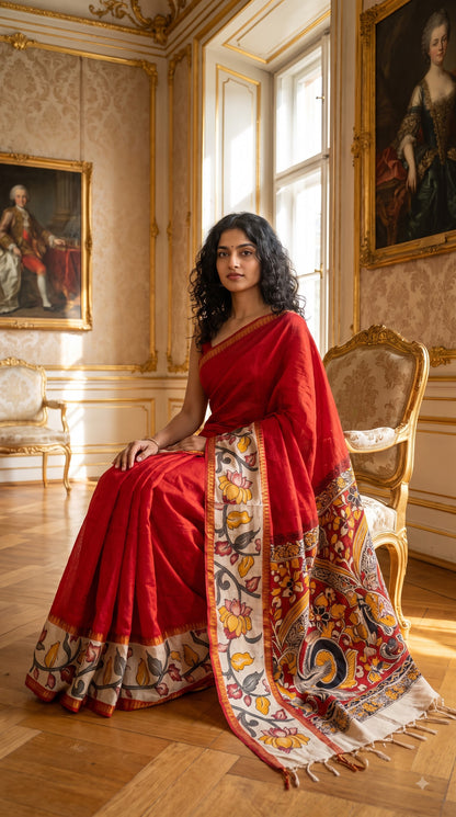 Plain Silk Saree with Kalamkari Gap Border - Red
