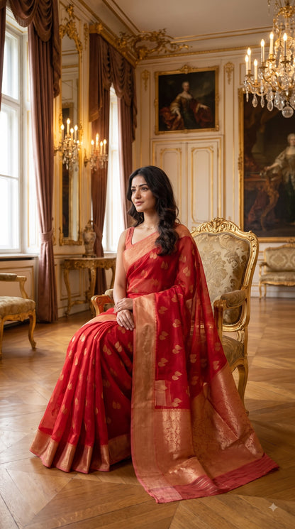 Georgette Banarasi with Contrast Border-Red