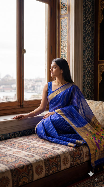 Organza Saree with Paithani Pallu - Royal Blue