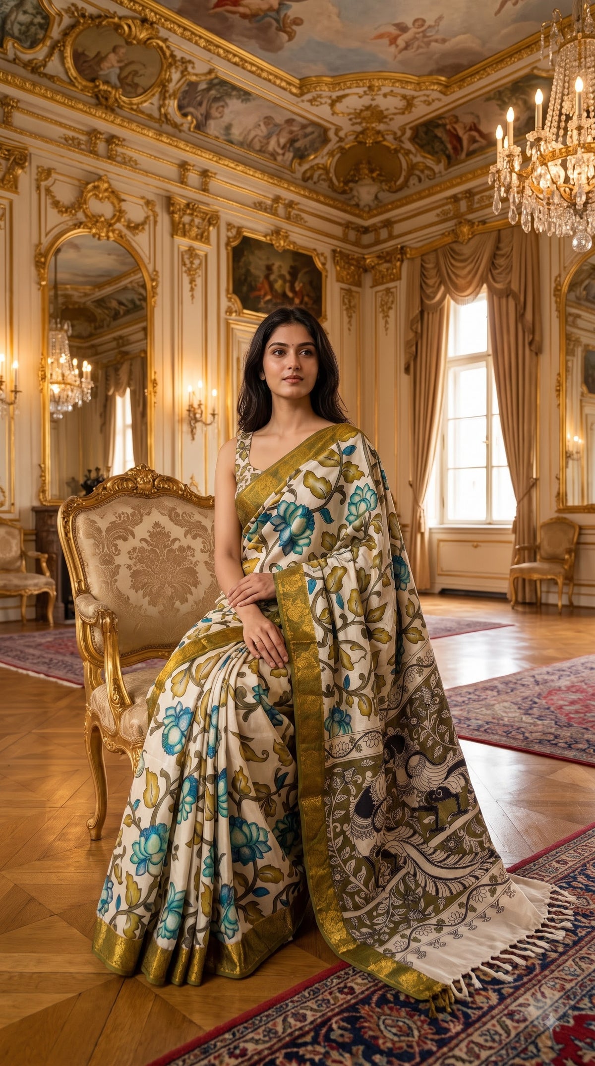 Kalamkari Silk Saree with Border - Beige with Green