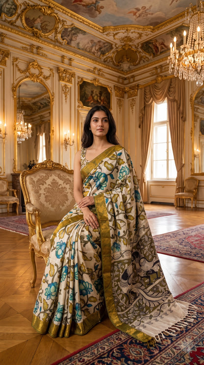 Kalamkari Silk Saree with Border - Beige with Green