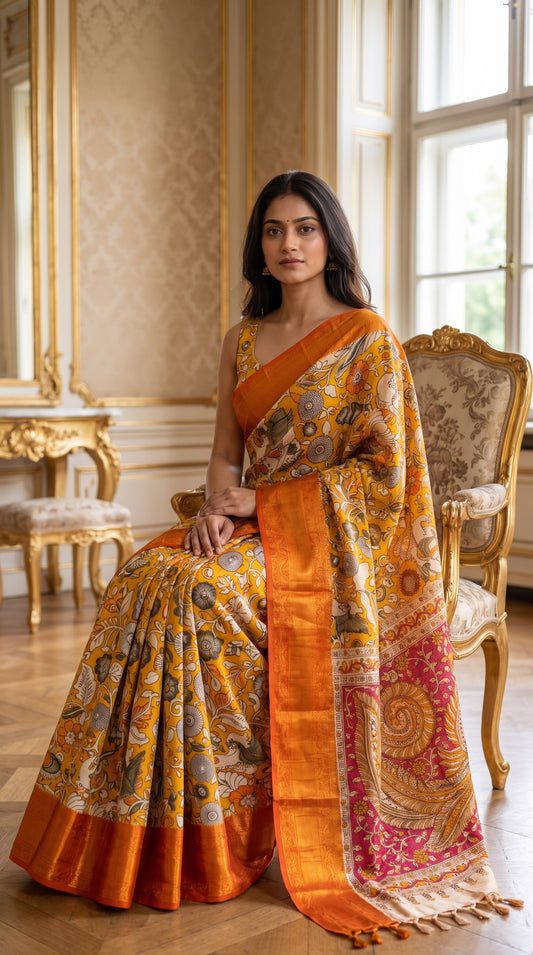 Kanchi Border Kalamkari Silk Saree - Yellow with Orange
