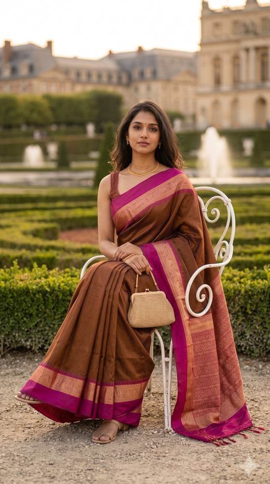 Silk Saree with Pochampally Pallu - Brown